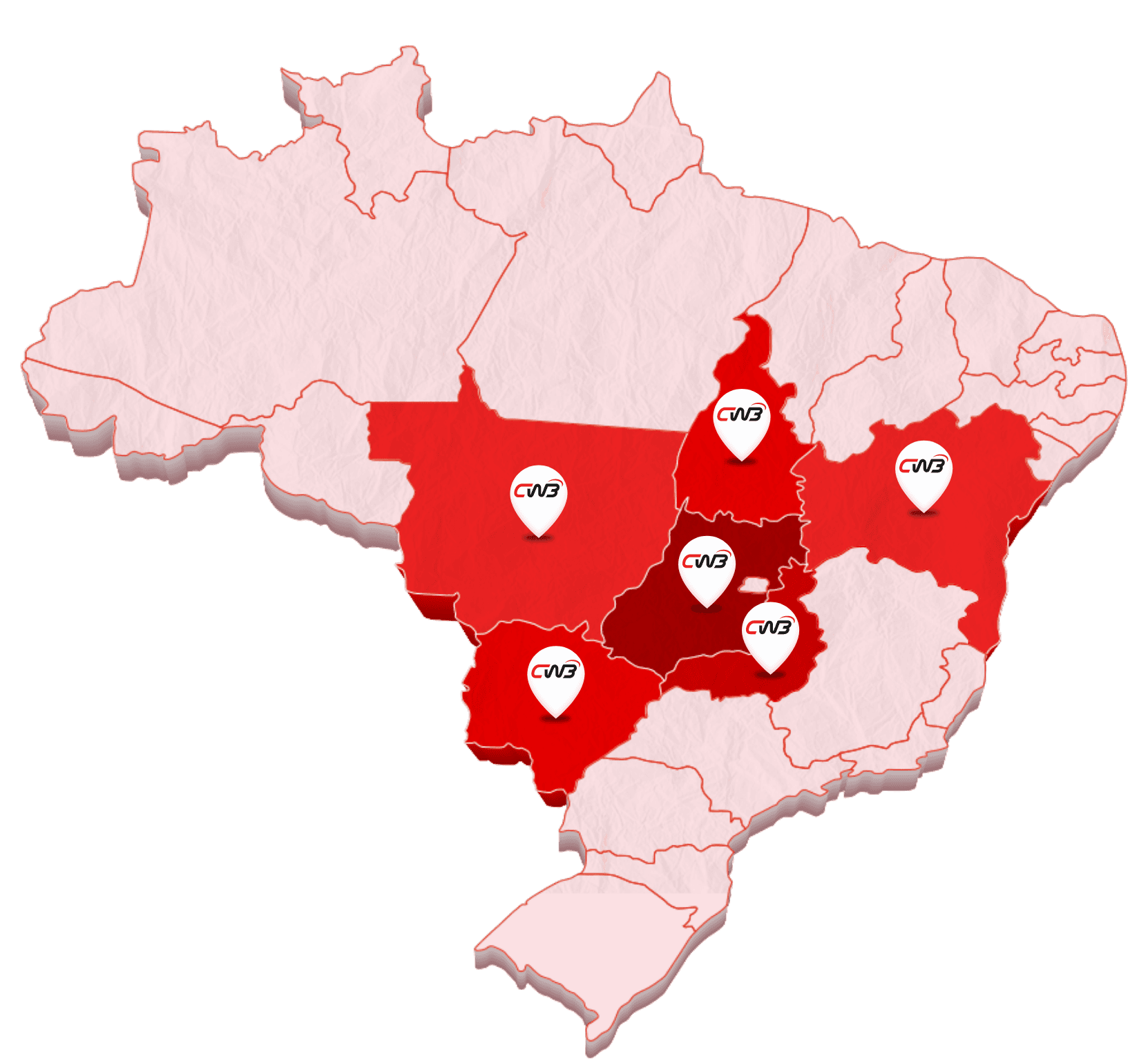 Mapa do Brasil com os vários locais onde a CW3 atua