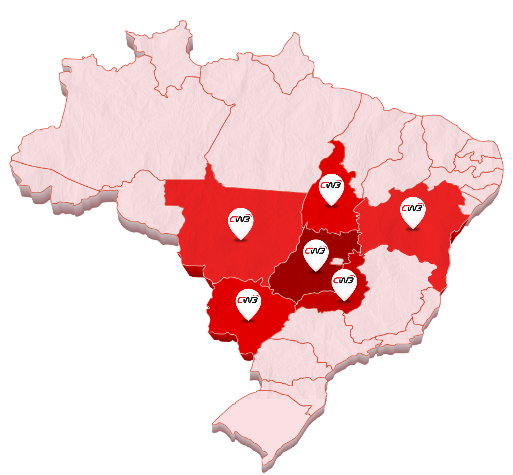 Mapa do Brasil com os vários locais onde a CW3 atua